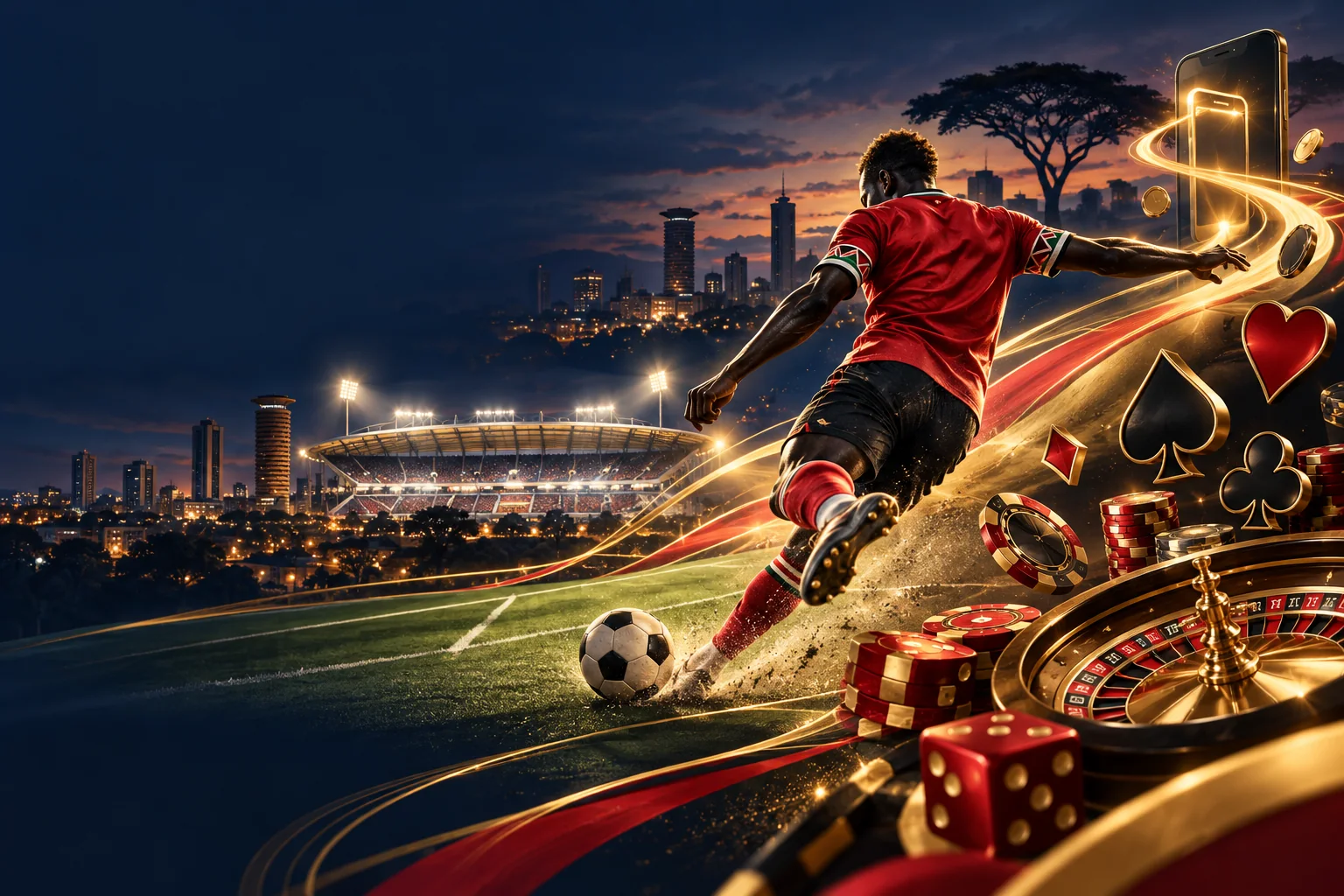 Original editorial illustration combining Nairobi football culture and casino themes
